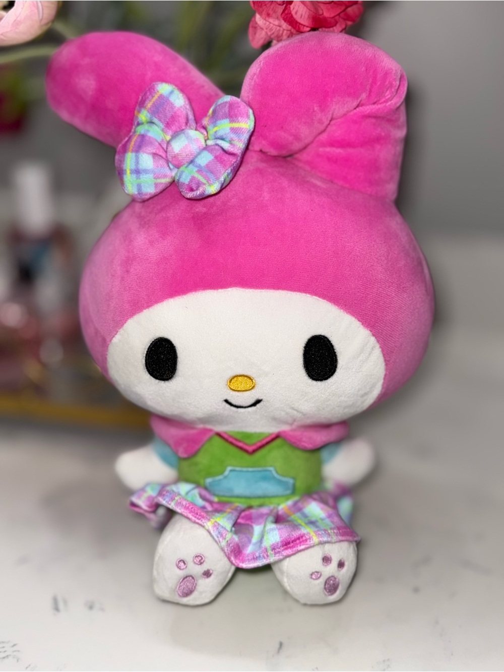 NWOT Hello Kitty Pink Plush Bunny with Plaid Bow and Skirt
